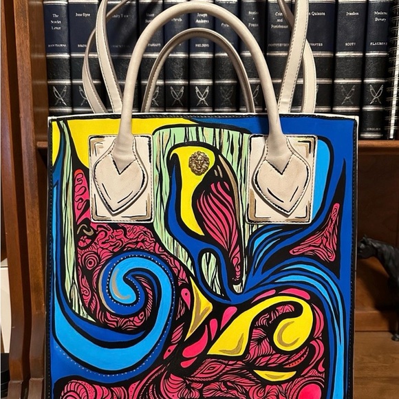 Upcycled Handbags - Hand Painted custom vibrant abstract large tote bag, very good condition